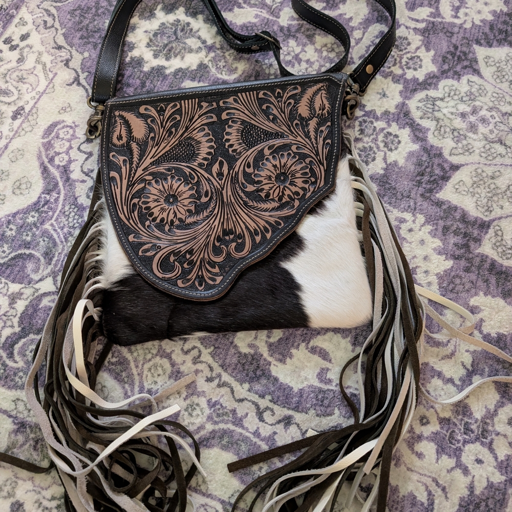 Myra Bag Black and White Crossbody with Fringe